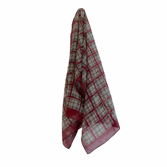 Vintage Echo Red Gray Plaid Geometric Silk Scarf - Picture 2 of 5